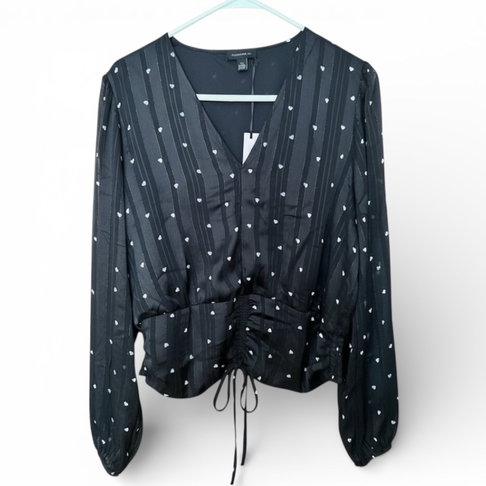 Tamara H Black Blouse with White Hearts Size Large